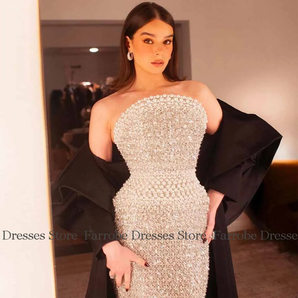 Luxury Dresses for Party Organza Sheath/Column Strapless Formal Evening Dress silvery Pearls Luxurious Women's Prom Dress Long