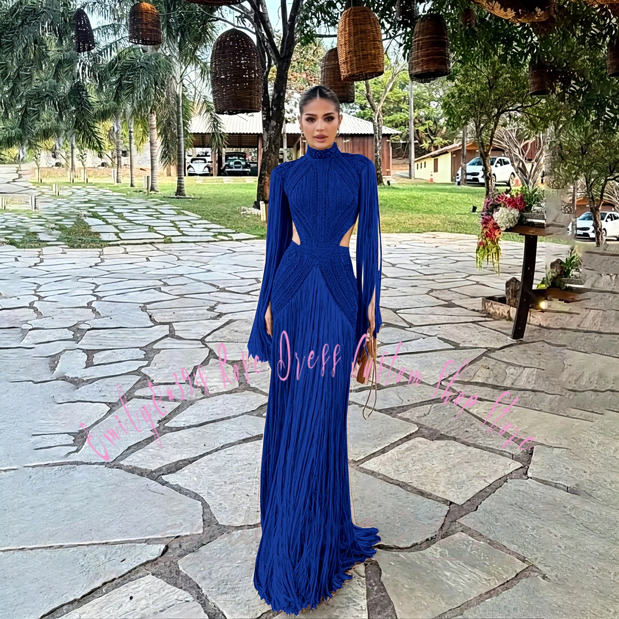 Robe élégante avec perles et manches longues pour cérémonie