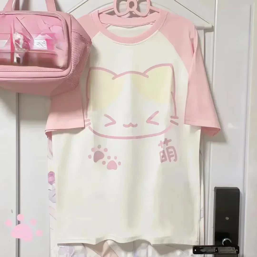 T-shirt Chat Kawaii Rose à Manches Courtes