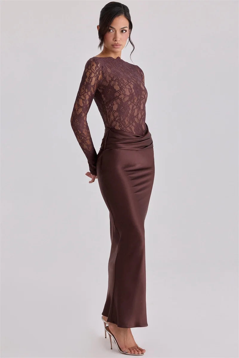 Robe Longue Noire Chic avec Dentelle et Manches Transparentes