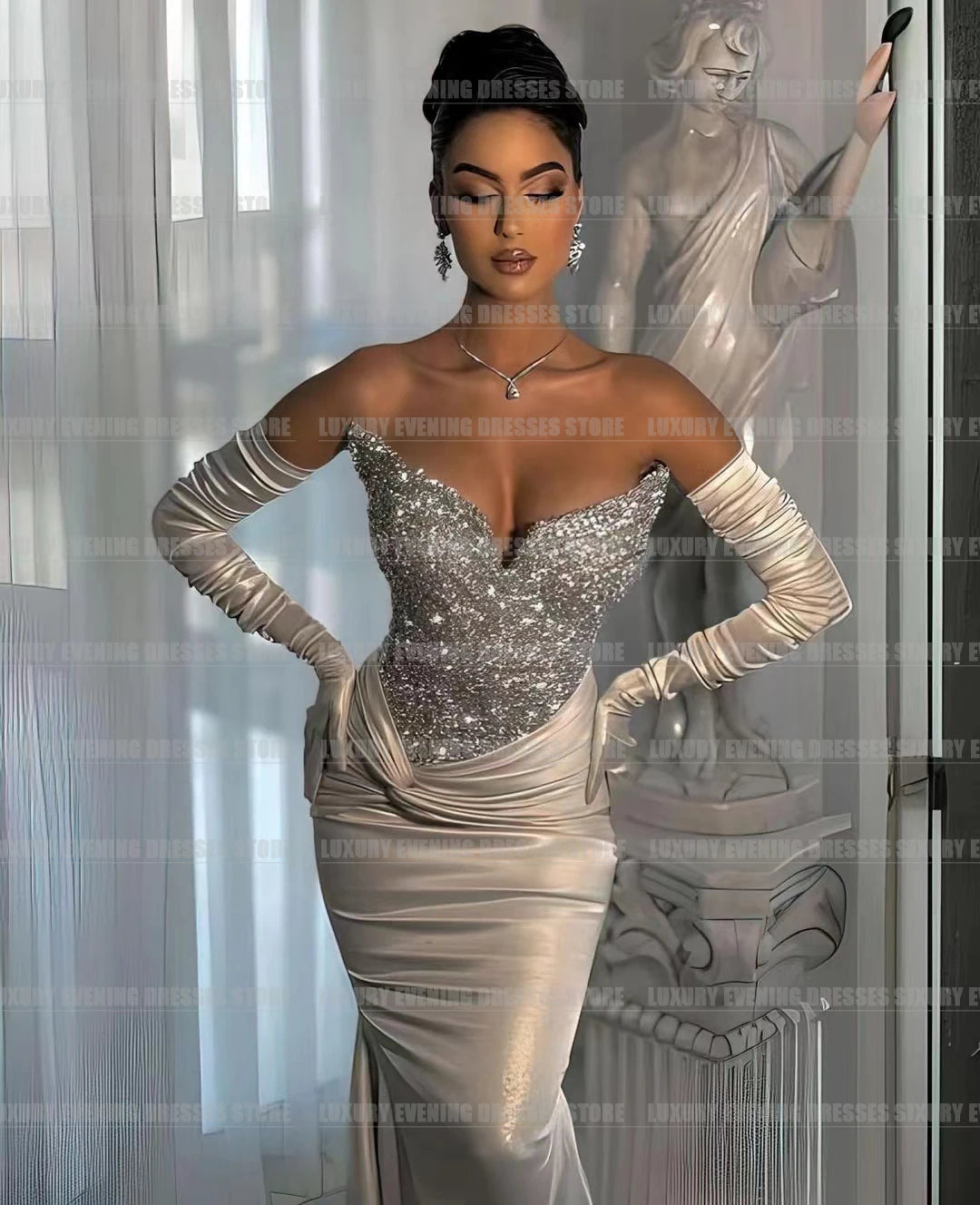Robe de Gala Argentée avec Paillettes et Manches Longues – Luxe &amp; Élégance
