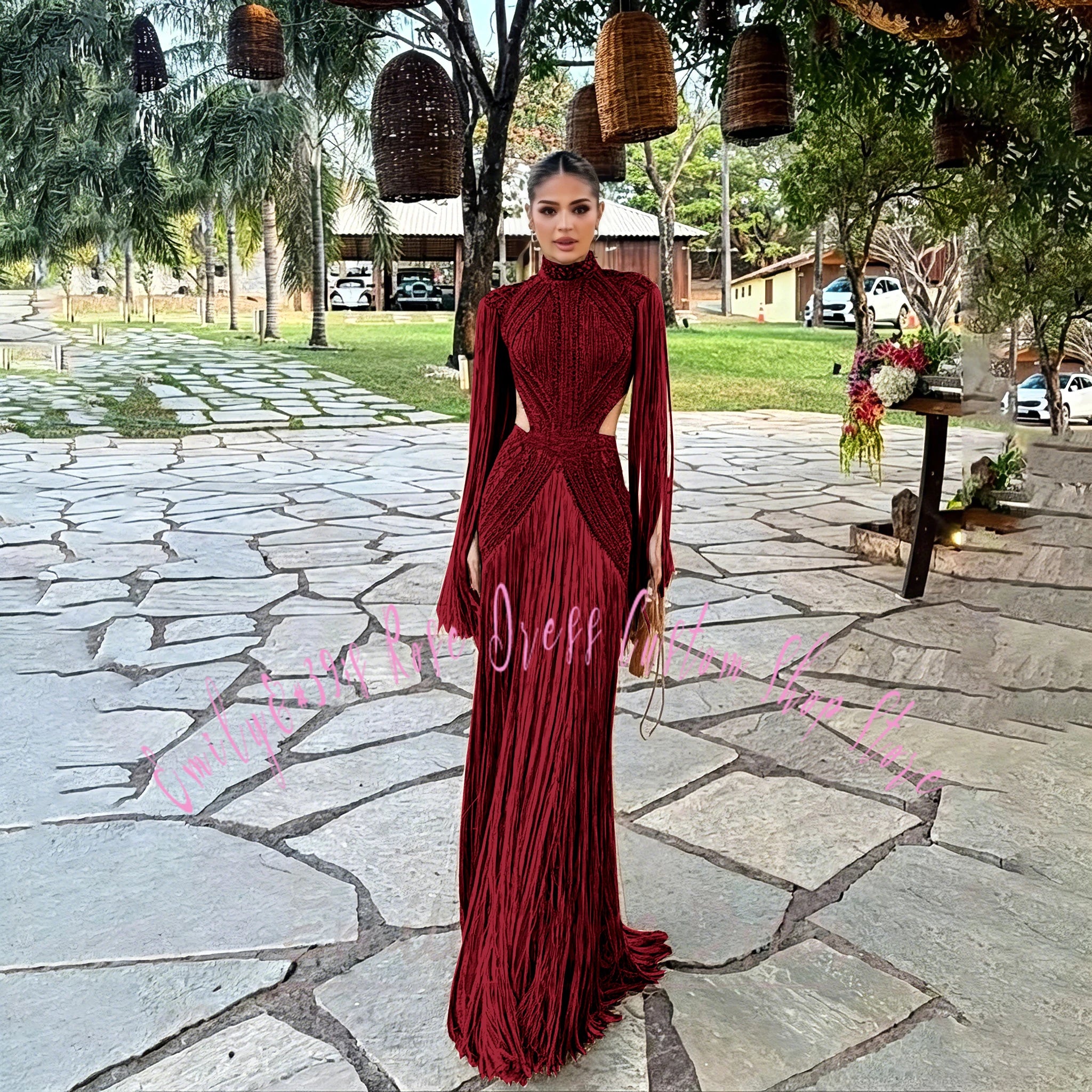 Robe élégante avec perles et manches longues pour cérémonie