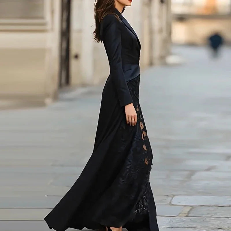 Robe longue noire chic en dentelle pour femme