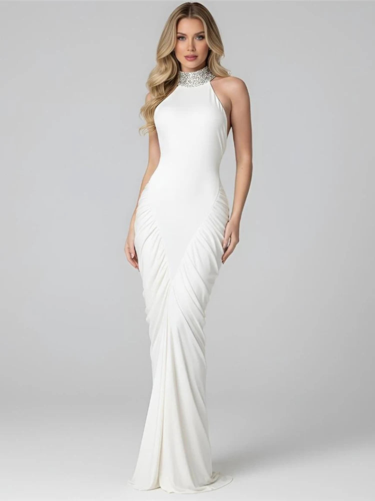 Robe Longue Élégante Froncée – Col Halter