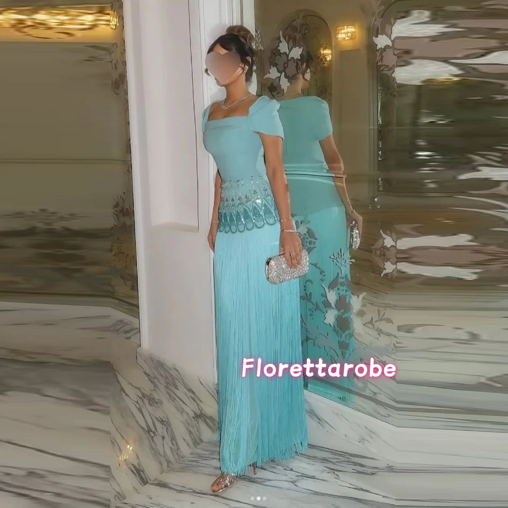 Luxury Prom Dress  Square Neck Short Sleeves Crystal Turquoise Evening Gown Tassel Ankle Length Straight Party Dresses Customize