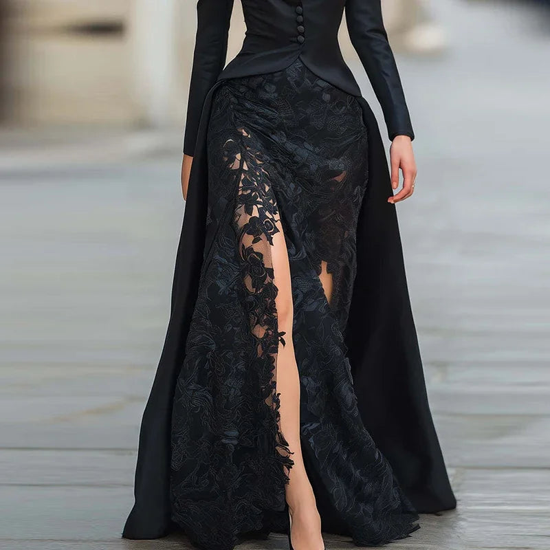 Robe longue noire chic en dentelle pour femme