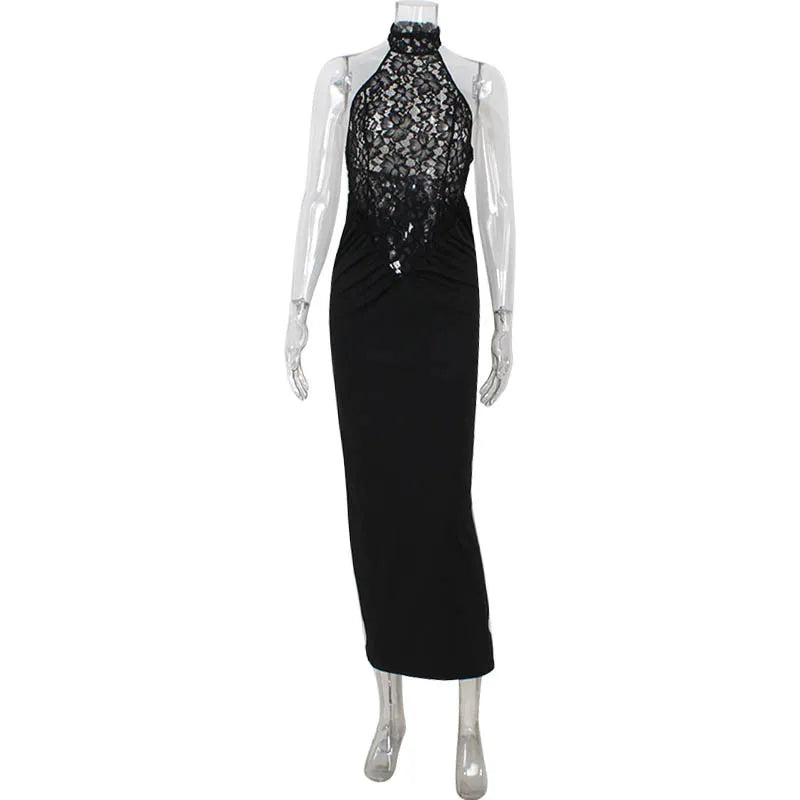 Robe élégante en dentelle sans manches pour femme Robe moulante en dentelle à col montant Robe de soirée sexy en dentelle noire Robe femme chic sans manches en dentelle