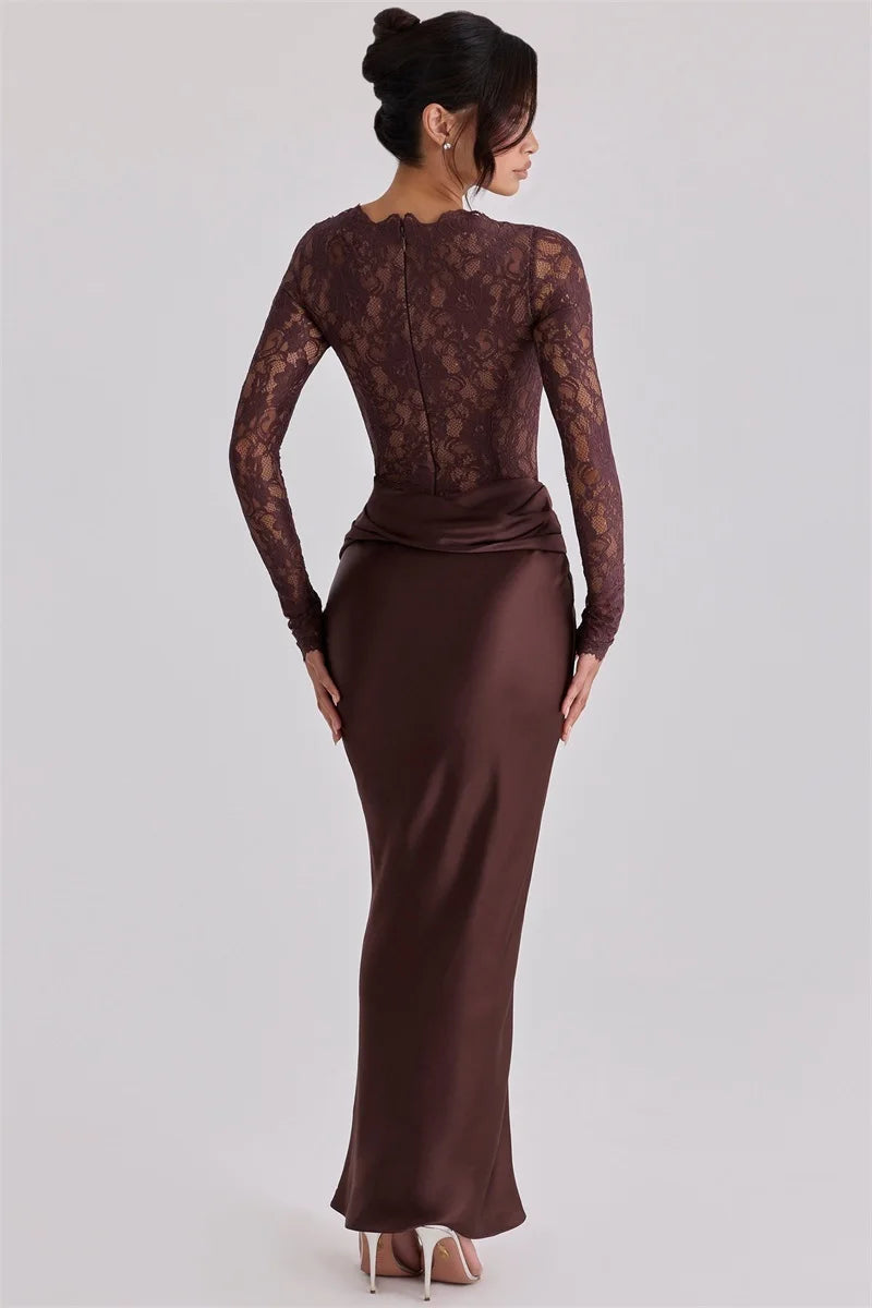 Robe Longue Noire Chic avec Dentelle et Manches Transparentes