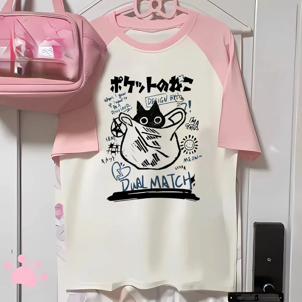 T-shirt Chat Kawaii Rose à Manches Courtes