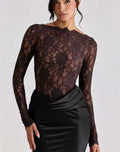 Robe Longue Noire Chic avec Dentelle et Manches Transparentes