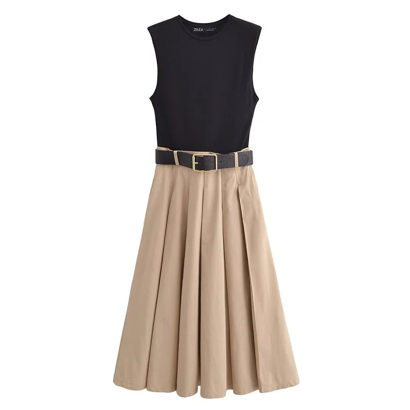 Robe midi èlegante plissèe avec ceinture-Femme