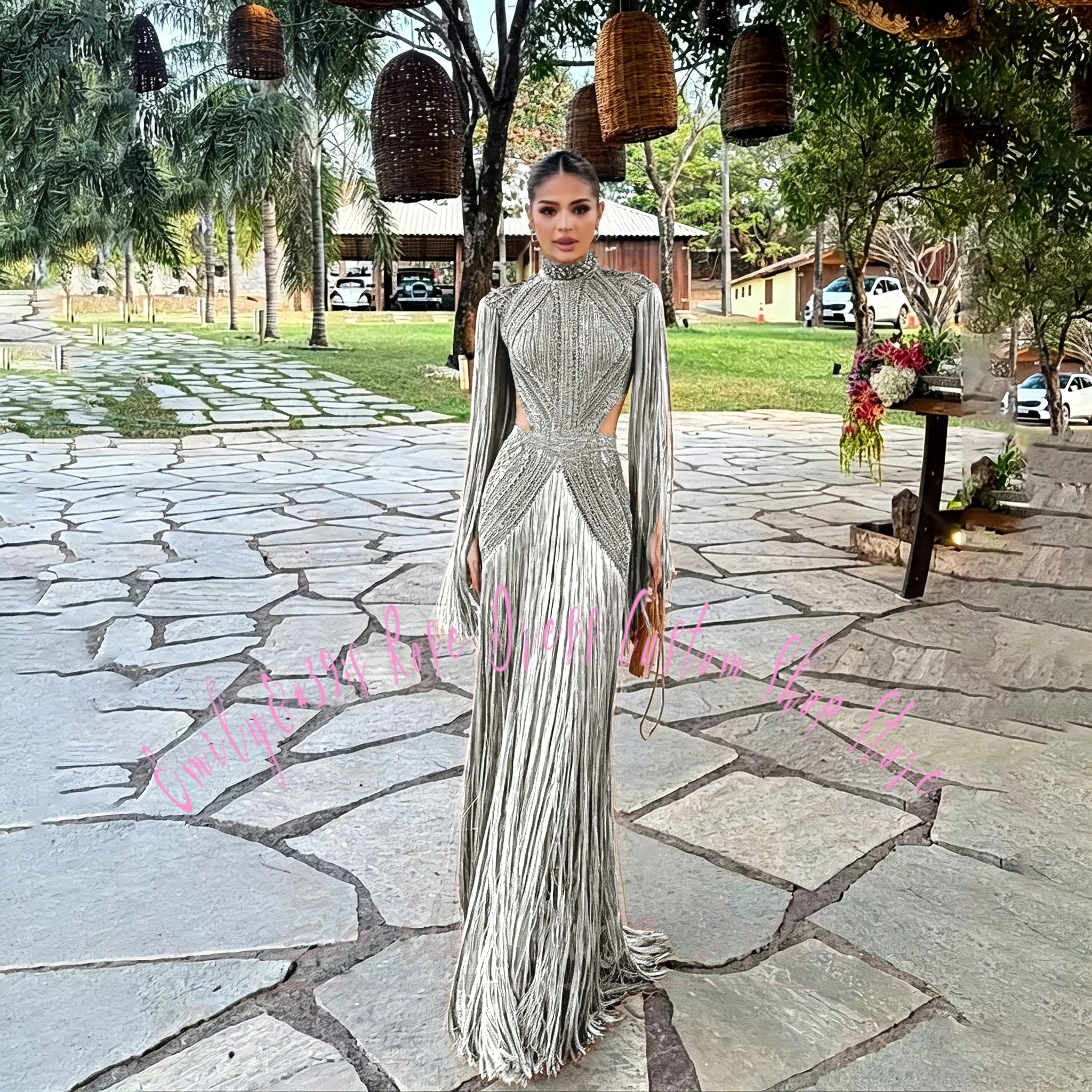 Robe élégante avec perles et manches longues pour cérémonie