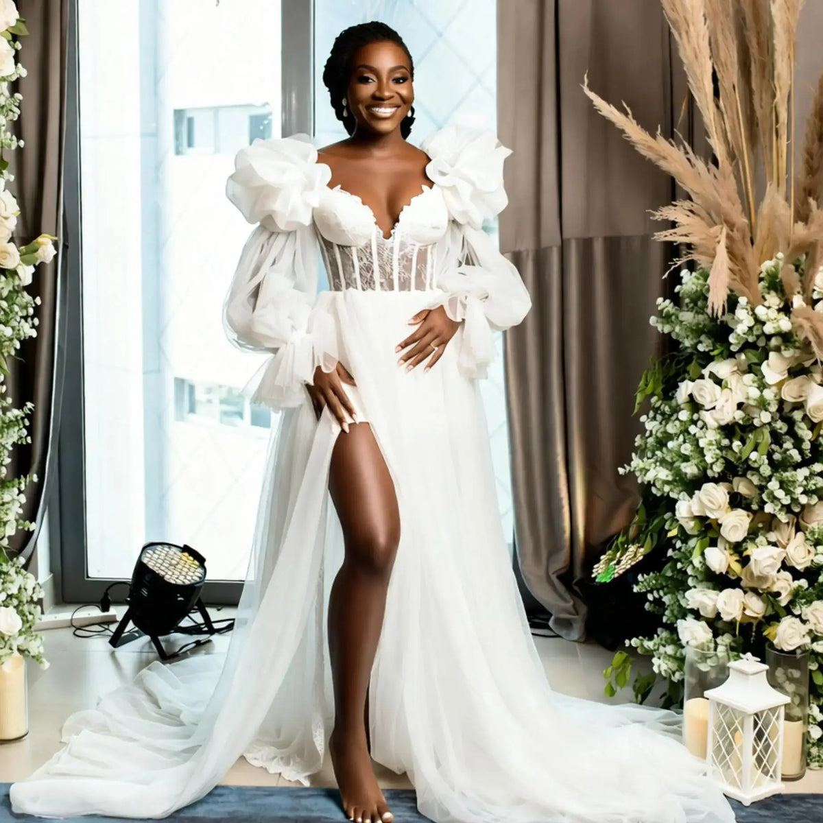 Long Sleeve Bridal Robe Women Bathrobe Lace-up Back Wedding Party Nightgown Africa Bridal Shower Gowns