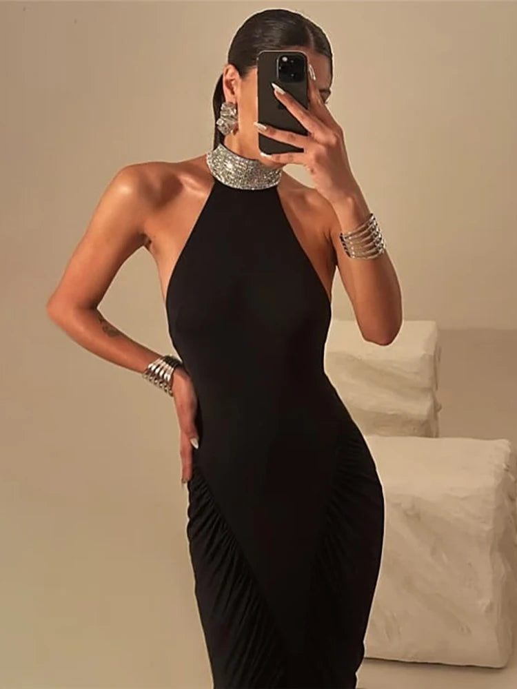 Robe Longue Élégante Froncée – Col Halter