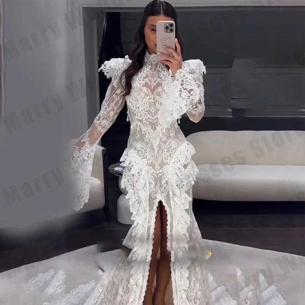Luxury Women's Bridal Gowns Bohemian Lace Trumpet Sleeves High Collar Princess Ball Wedding Dresses Formal Party Customized Robe