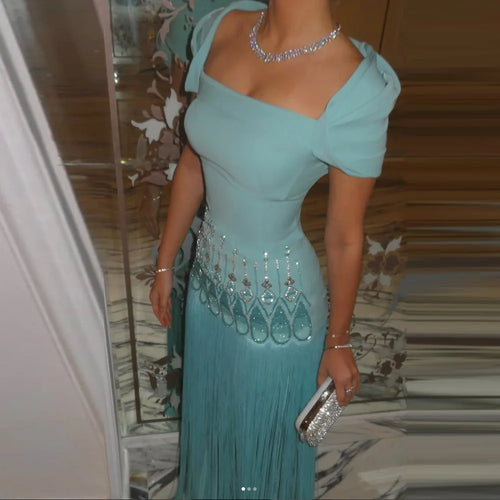 Luxury Prom Dress  Square Neck Short Sleeves Crystal Turquoise Evening Gown Tassel Ankle Length Straight Party Dresses Customize