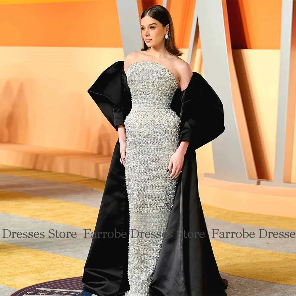 Luxury Dresses for Party Organza Sheath/Column Strapless Formal Evening Dress silvery Pearls Luxurious Women's Prom Dress Long