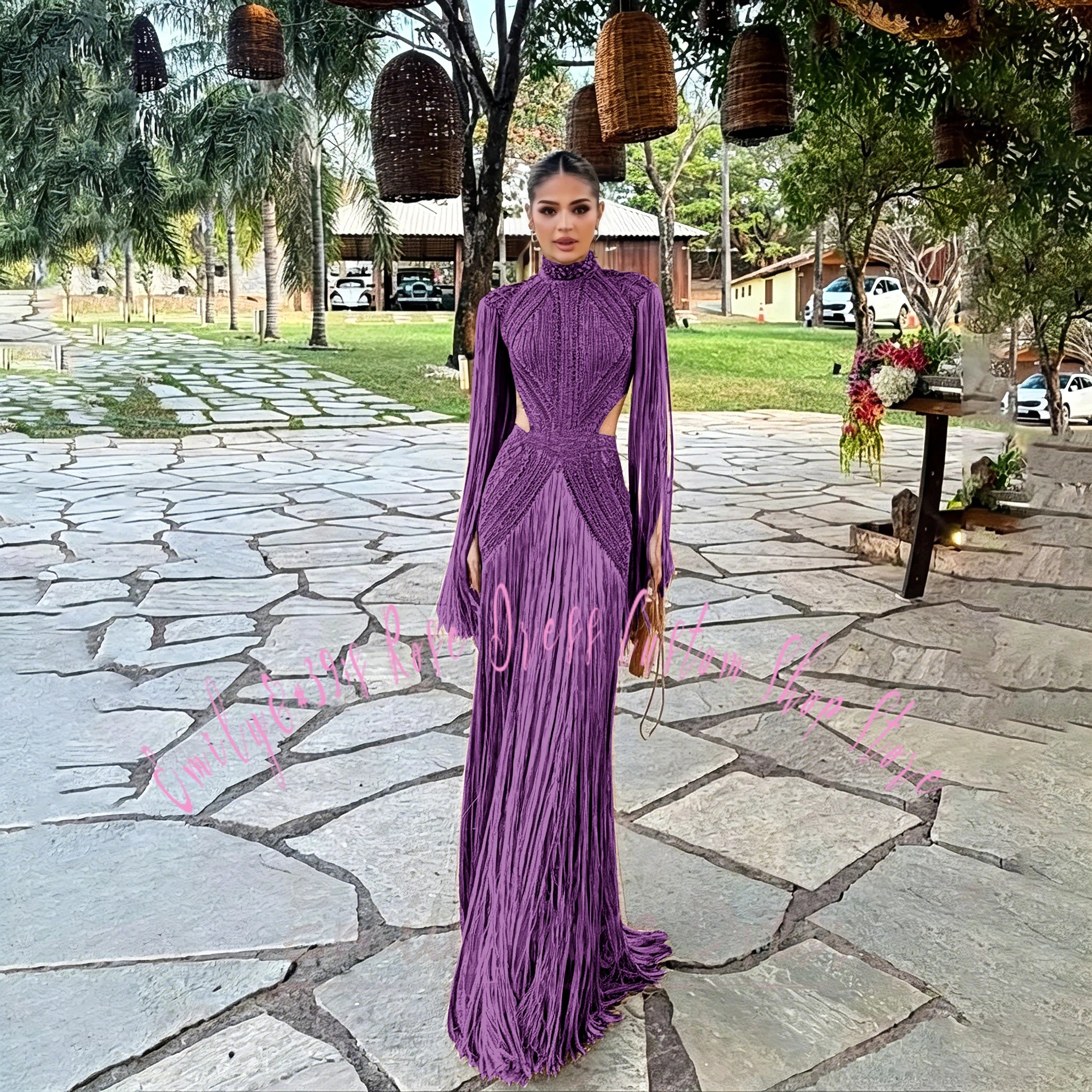 Robe élégante avec perles et manches longues pour cérémonie