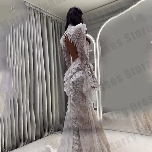 Luxury Women's Bridal Gowns Bohemian Lace Trumpet Sleeves High Collar Princess Ball Wedding Dresses Formal Party Customized Robe