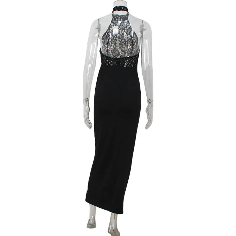 Robe élégante en dentelle sans manches pour femme Robe moulante en dentelle à col montant Robe de soirée sexy en dentelle noire Robe femme chic sans manches en dentelle