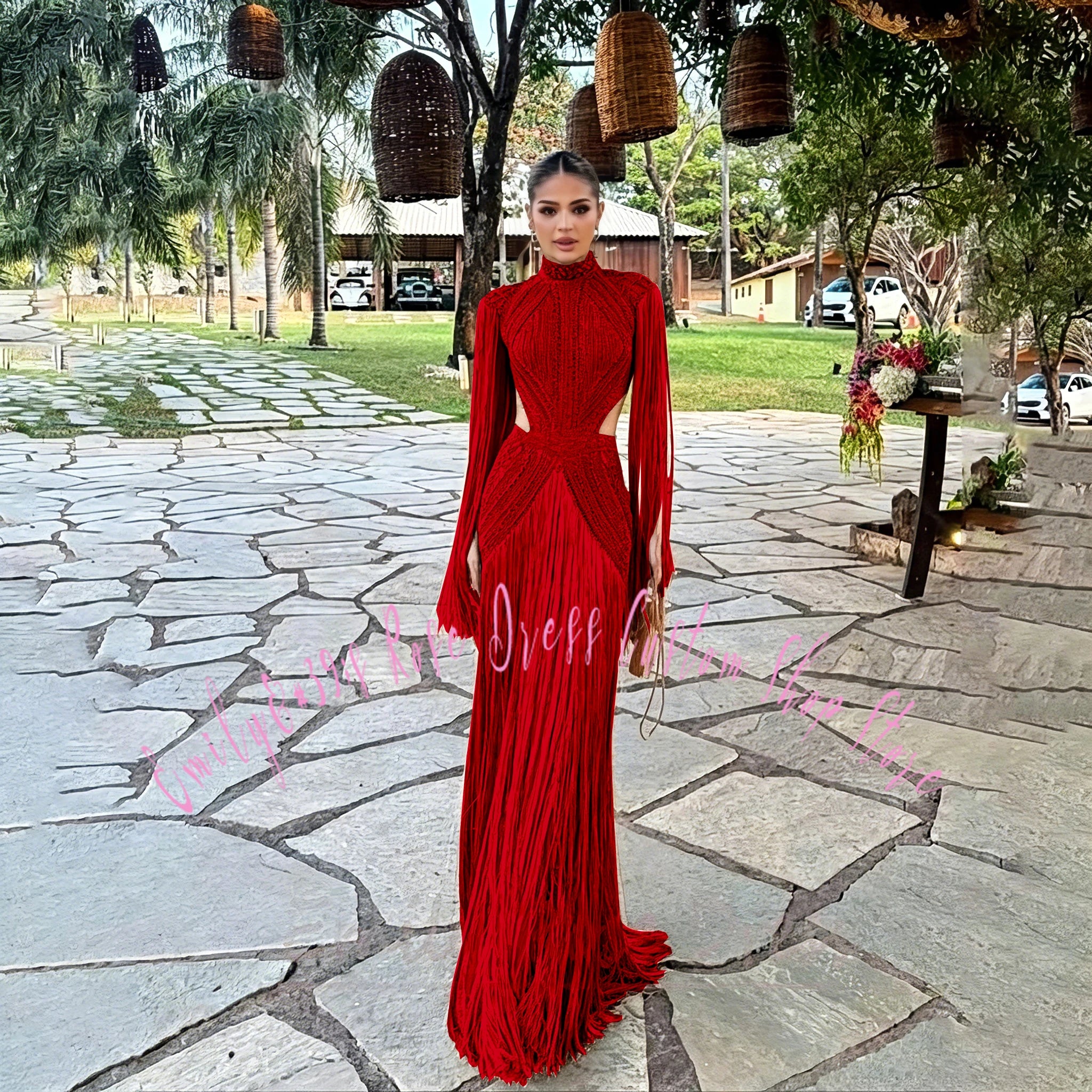 Robe élégante avec perles et manches longues pour cérémonie