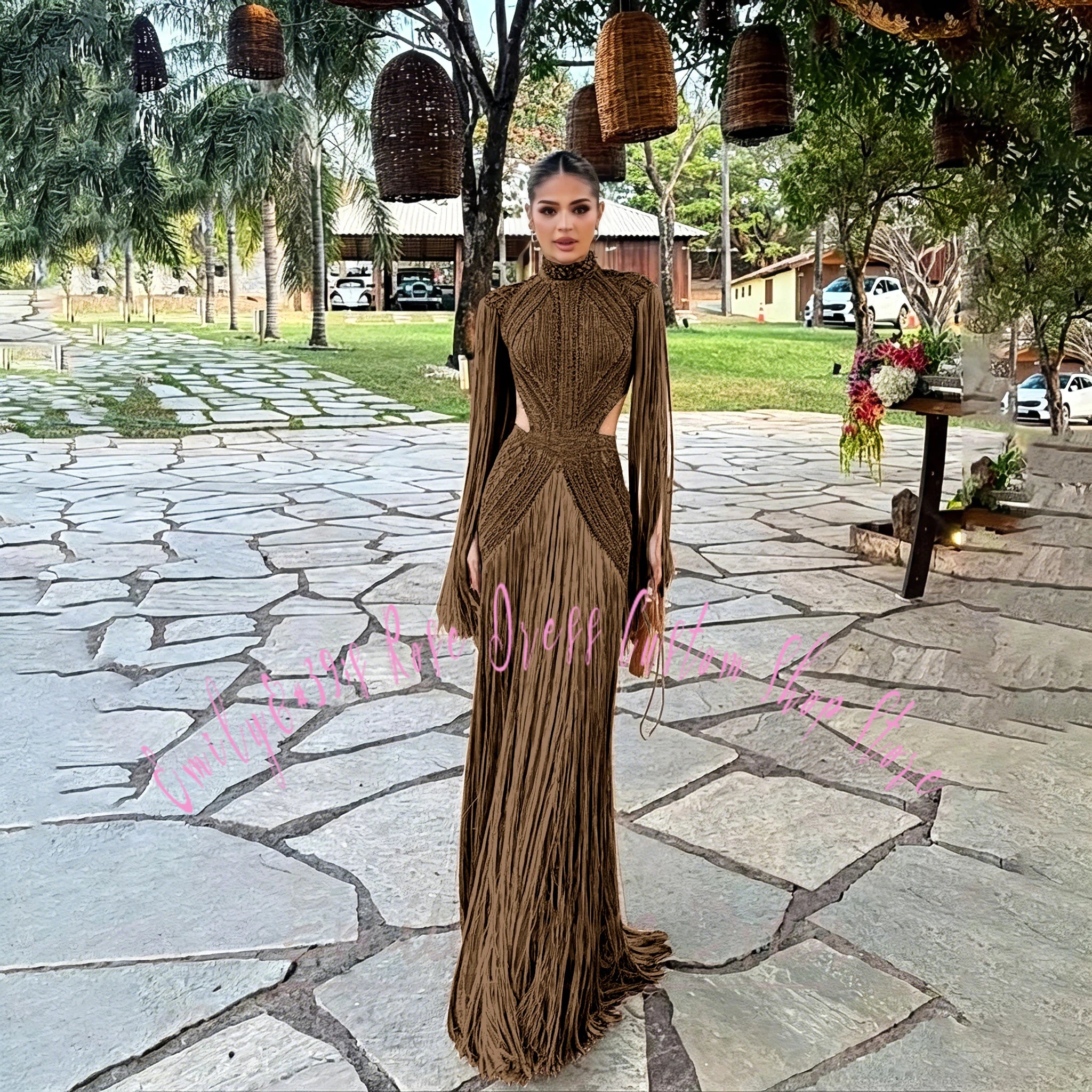 Robe élégante avec perles et manches longues pour cérémonie