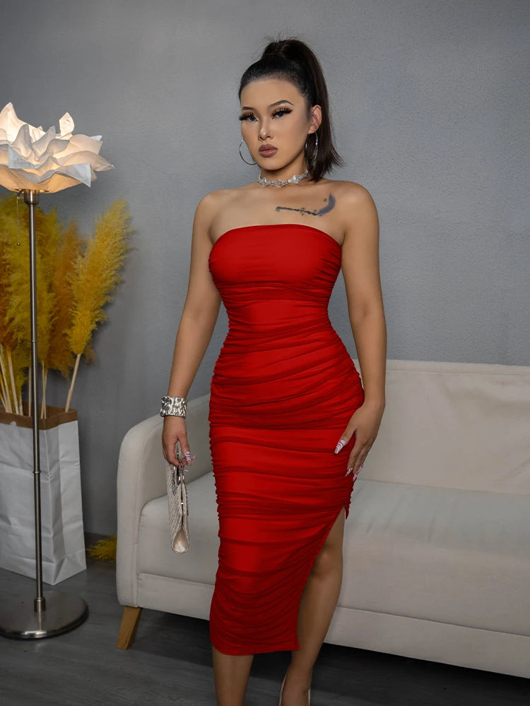 Robe midi moulante èlègante famme sans manches-Rouge