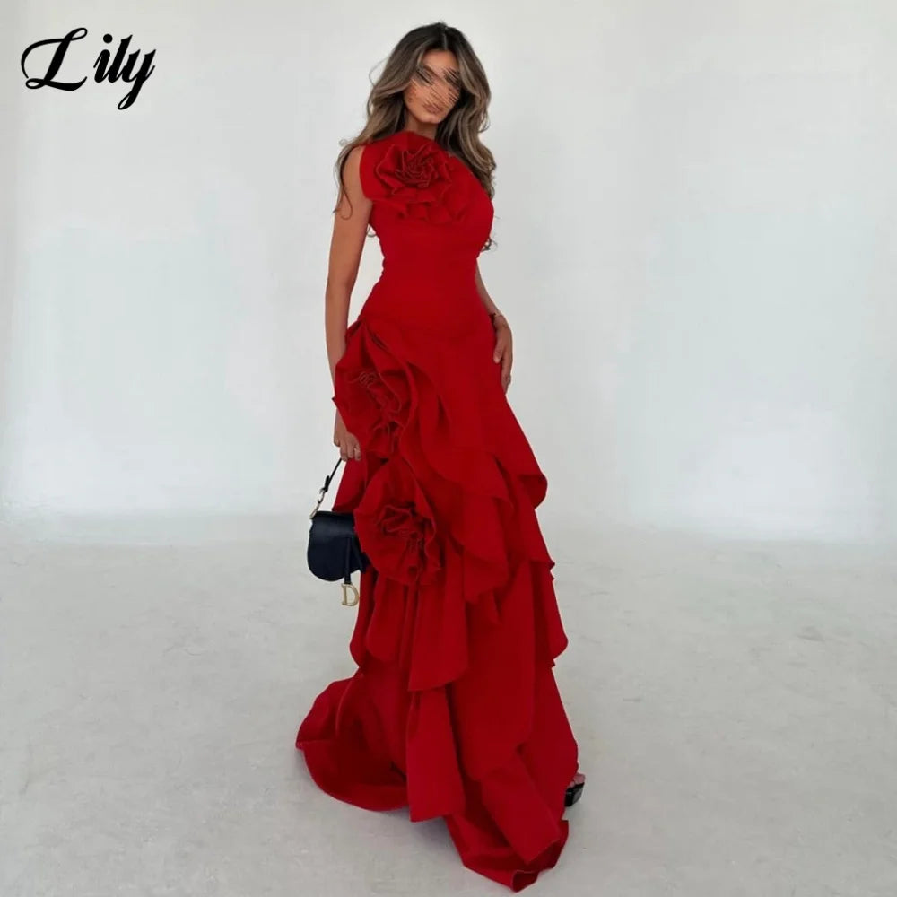 Robe élégante de cérémonie avec rose 3D et coupe asymétrique