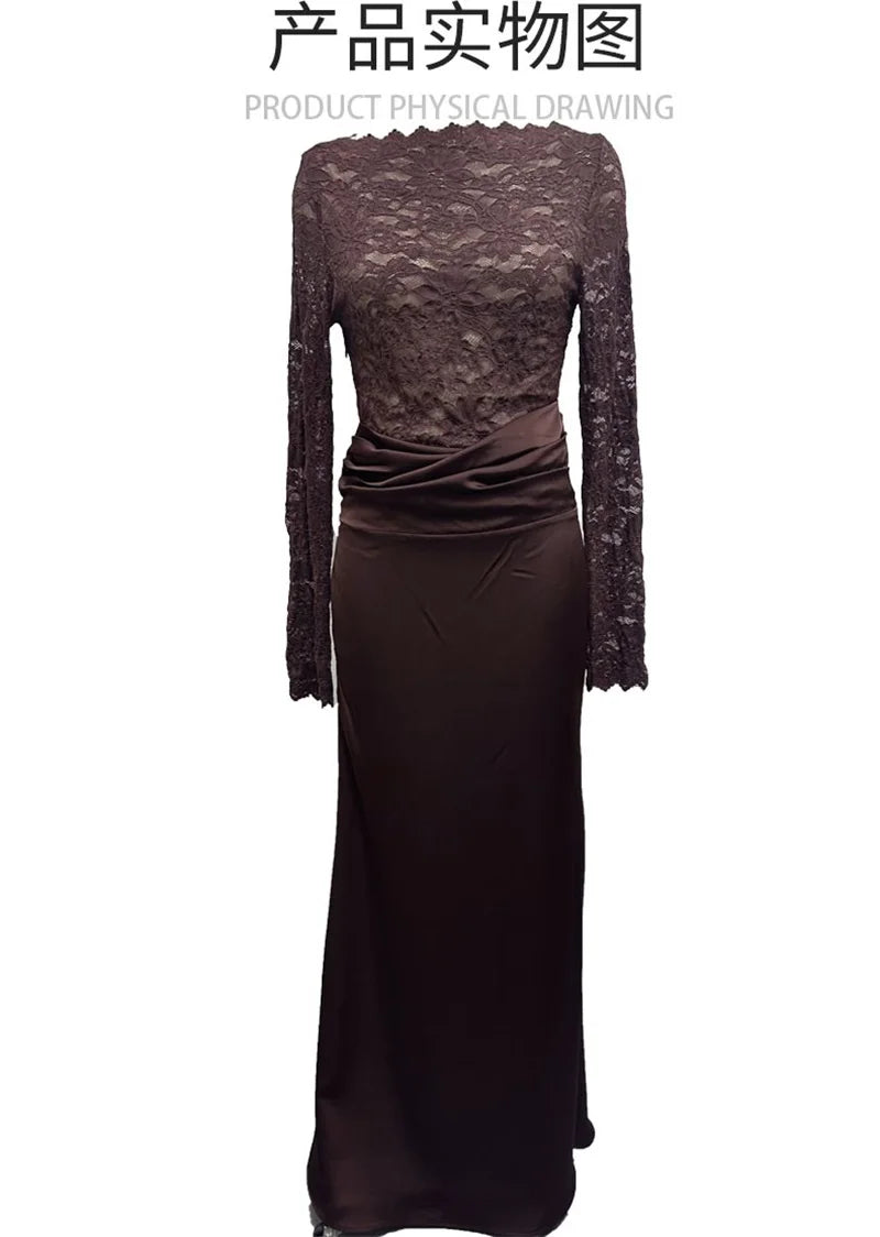 Robe Longue Noire Chic avec Dentelle et Manches Transparentes