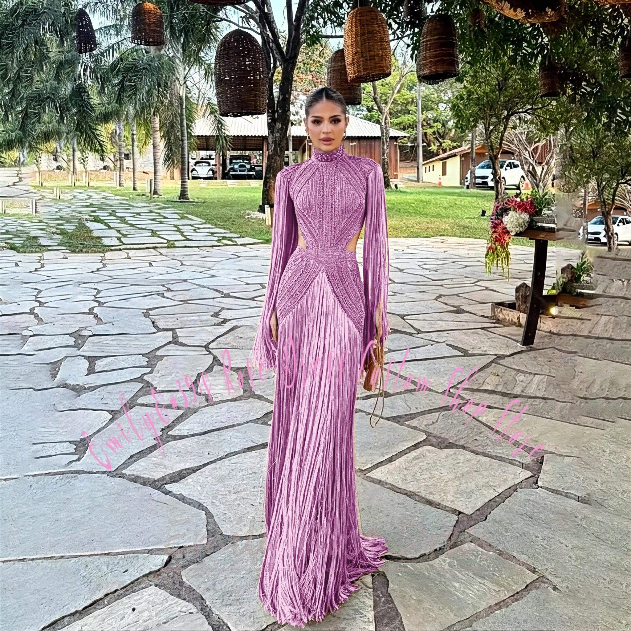 Robe élégante avec perles et manches longues pour cérémonie