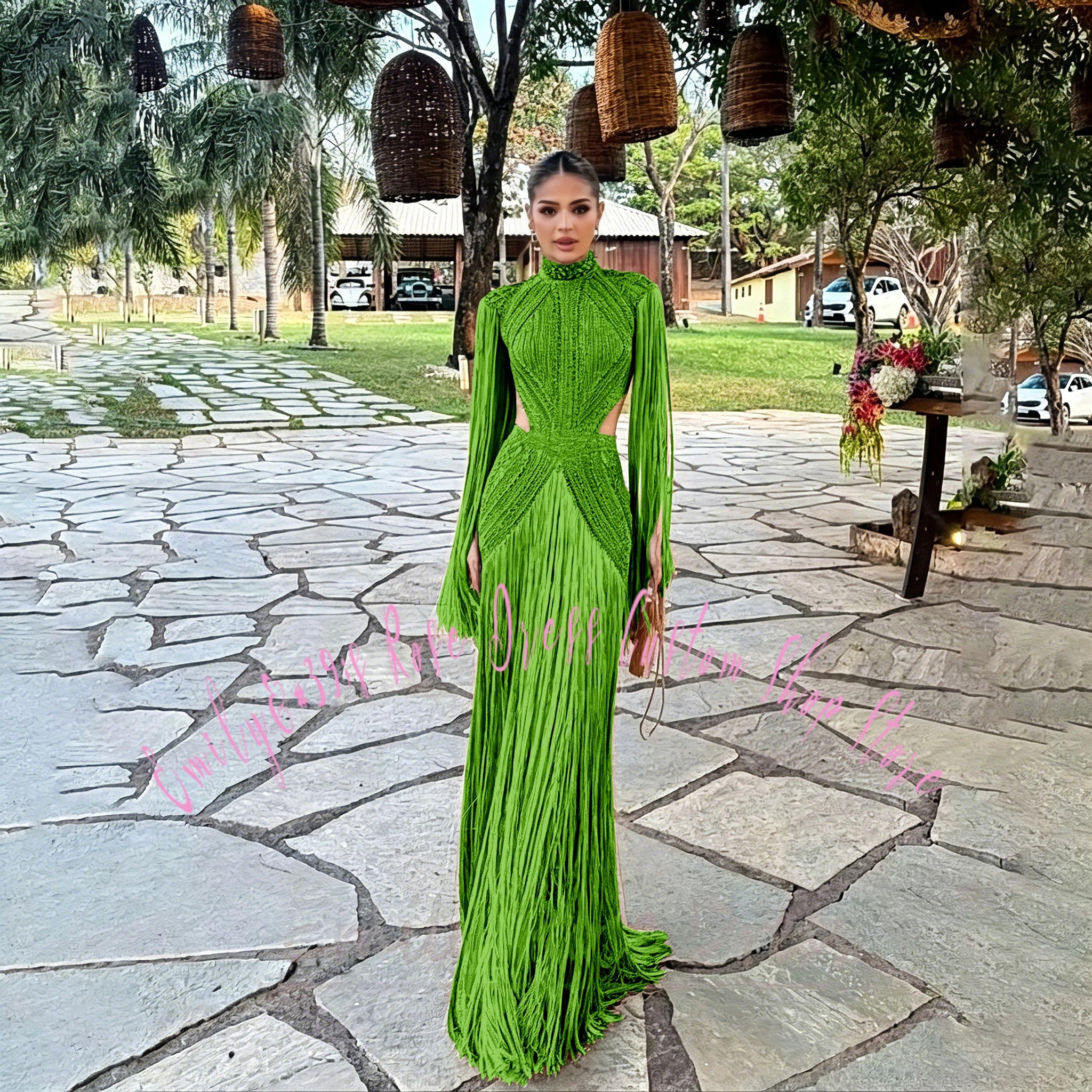 Robe élégante avec perles et manches longues pour cérémonie