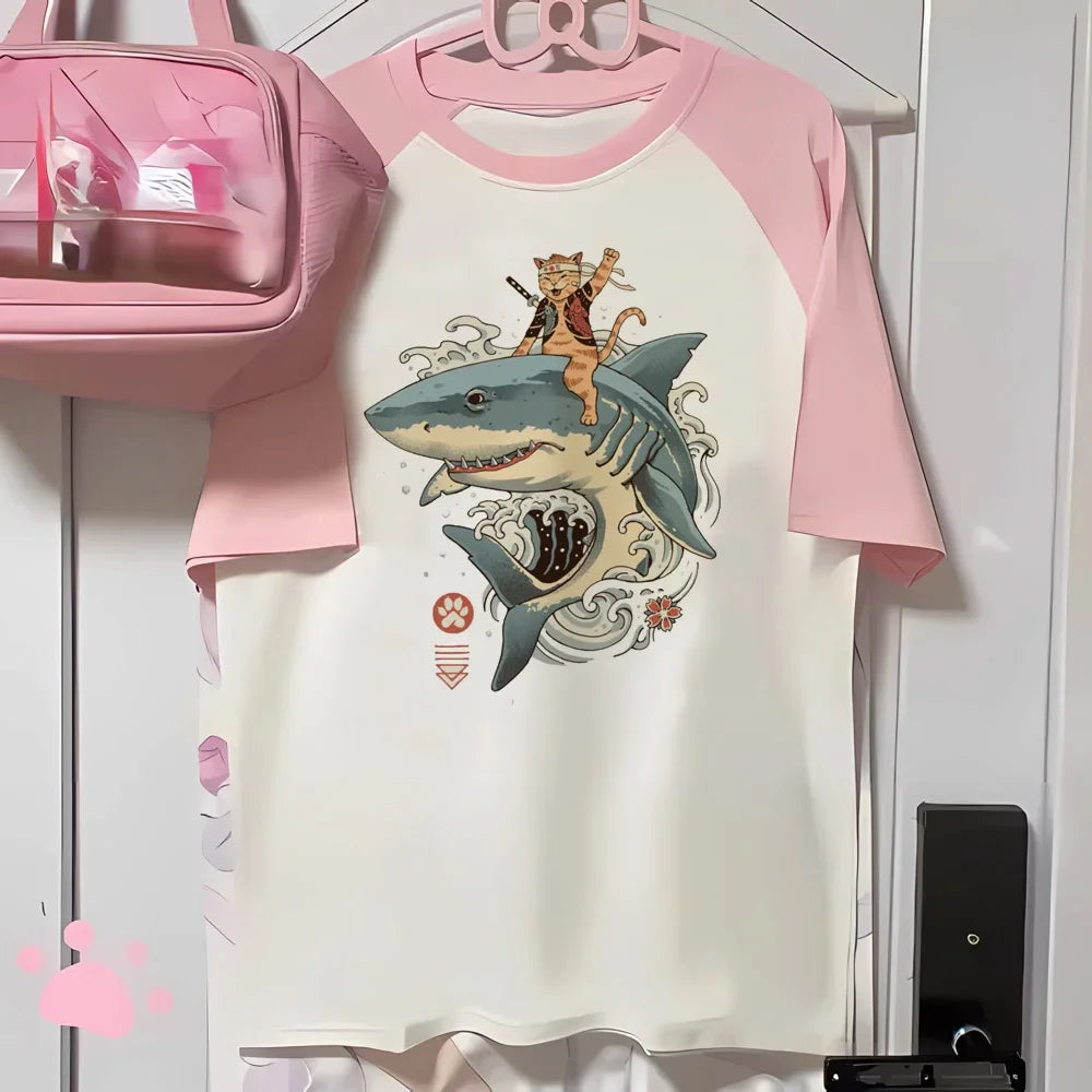 T-shirt Chat Kawaii Rose à Manches Courtes
