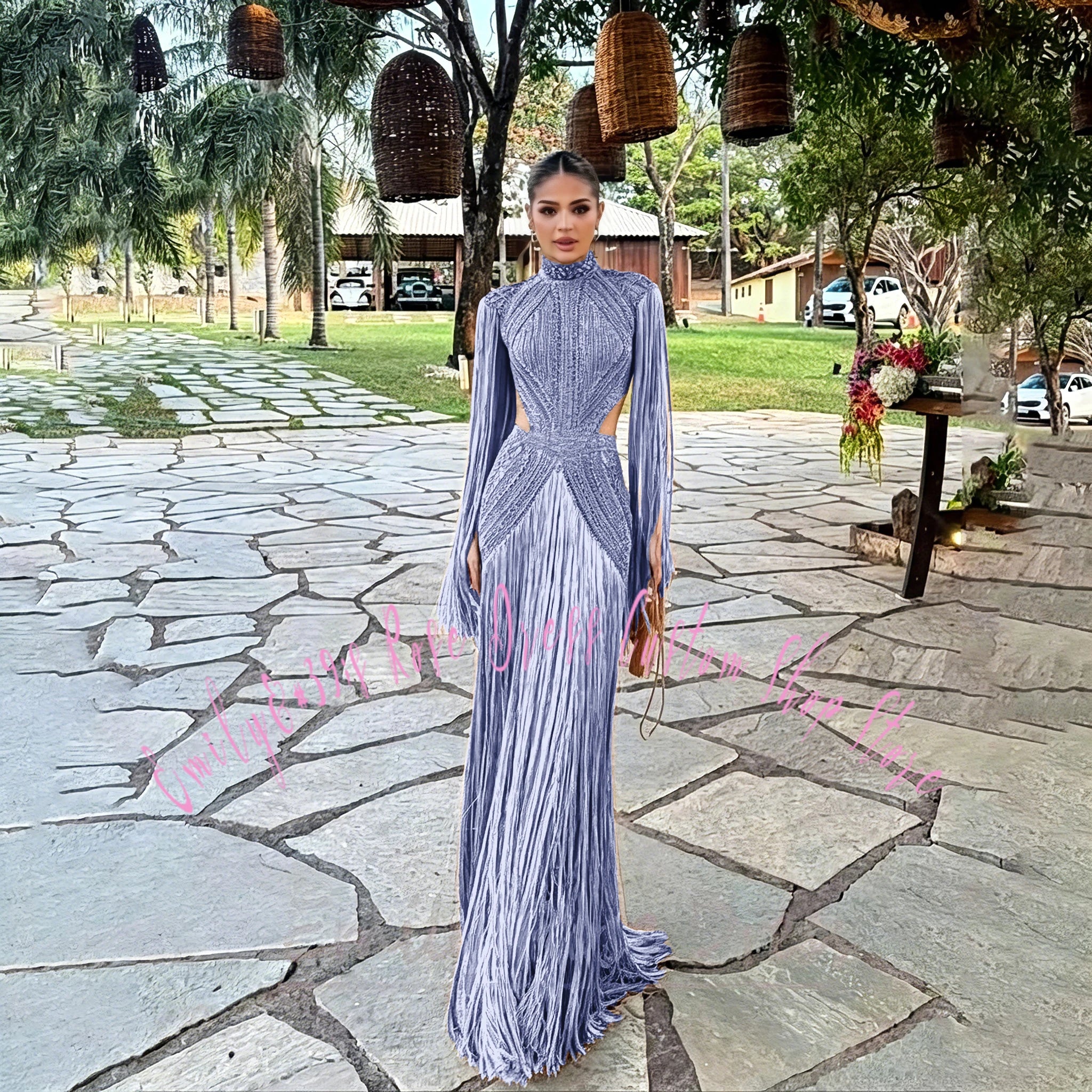 Robe élégante avec perles et manches longues pour cérémonie