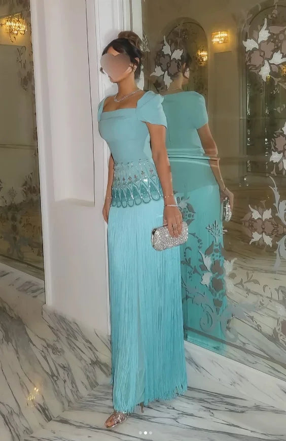 Luxury Prom Dress  Square Neck Short Sleeves Crystal Turquoise Evening Gown Tassel Ankle Length Straight Party Dresses Customize