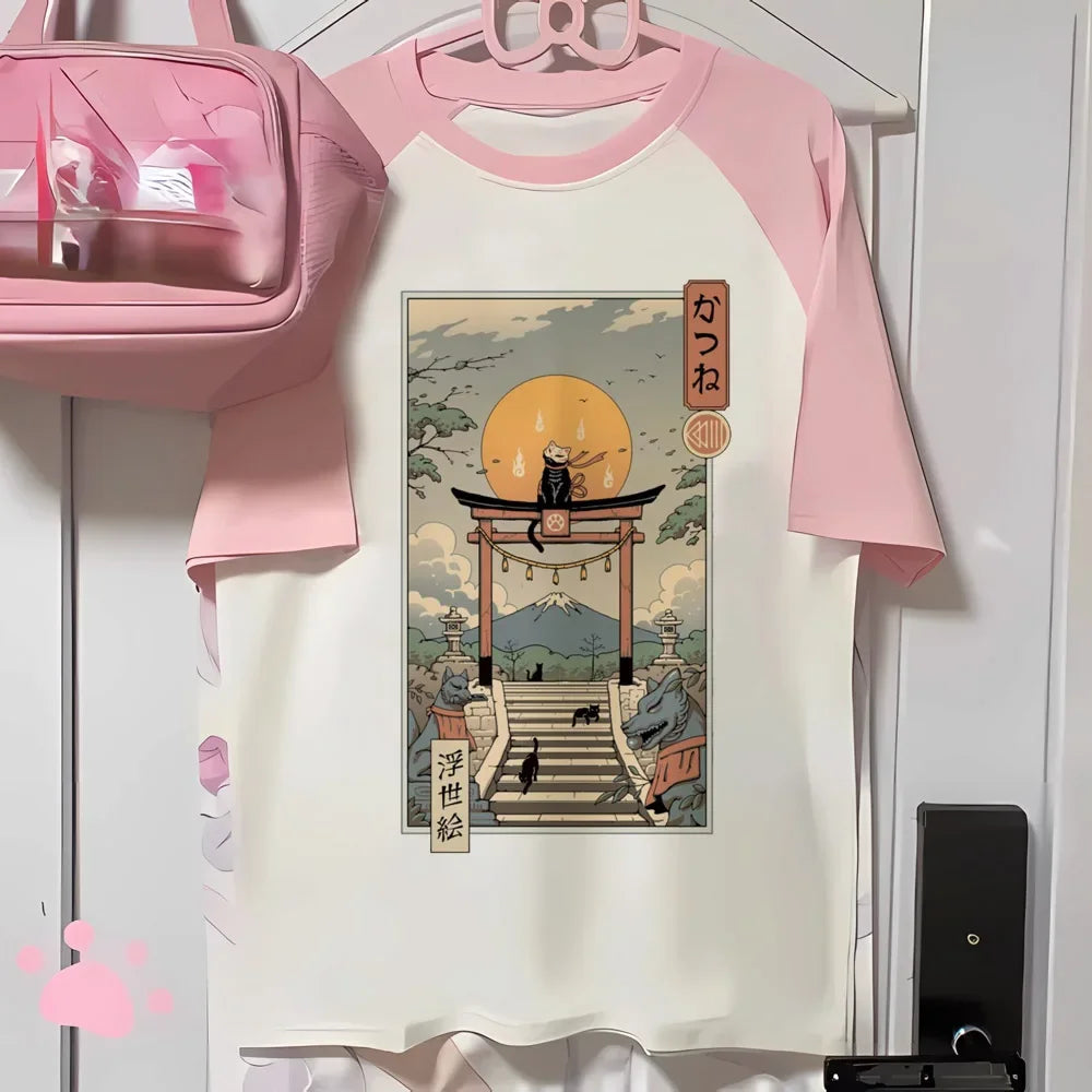T-shirt Chat Kawaii Rose à Manches Courtes