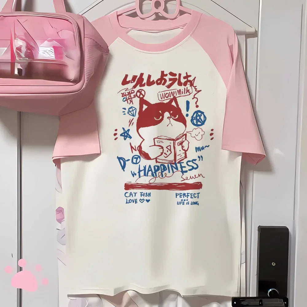 T-shirt Chat Kawaii Rose à Manches Courtes