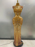 Robe Longue de Luxe à Miroirs Strass Dorès avec Dècoupes Elègantes