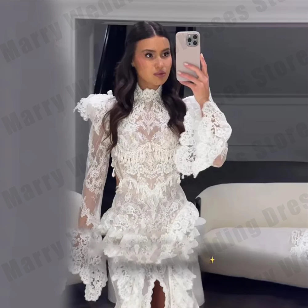 Luxury Women's Bridal Gowns Bohemian Lace Trumpet Sleeves High Collar Princess Ball Wedding Dresses Formal Party Customized Robe