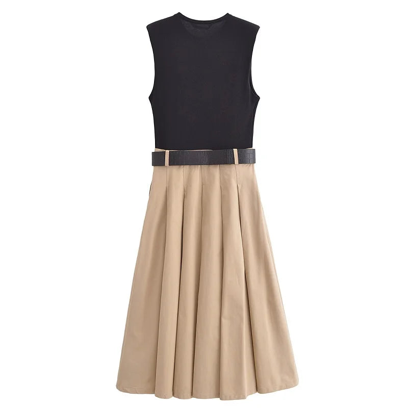 Robe midi èlegante plissèe avec ceinture-Femme