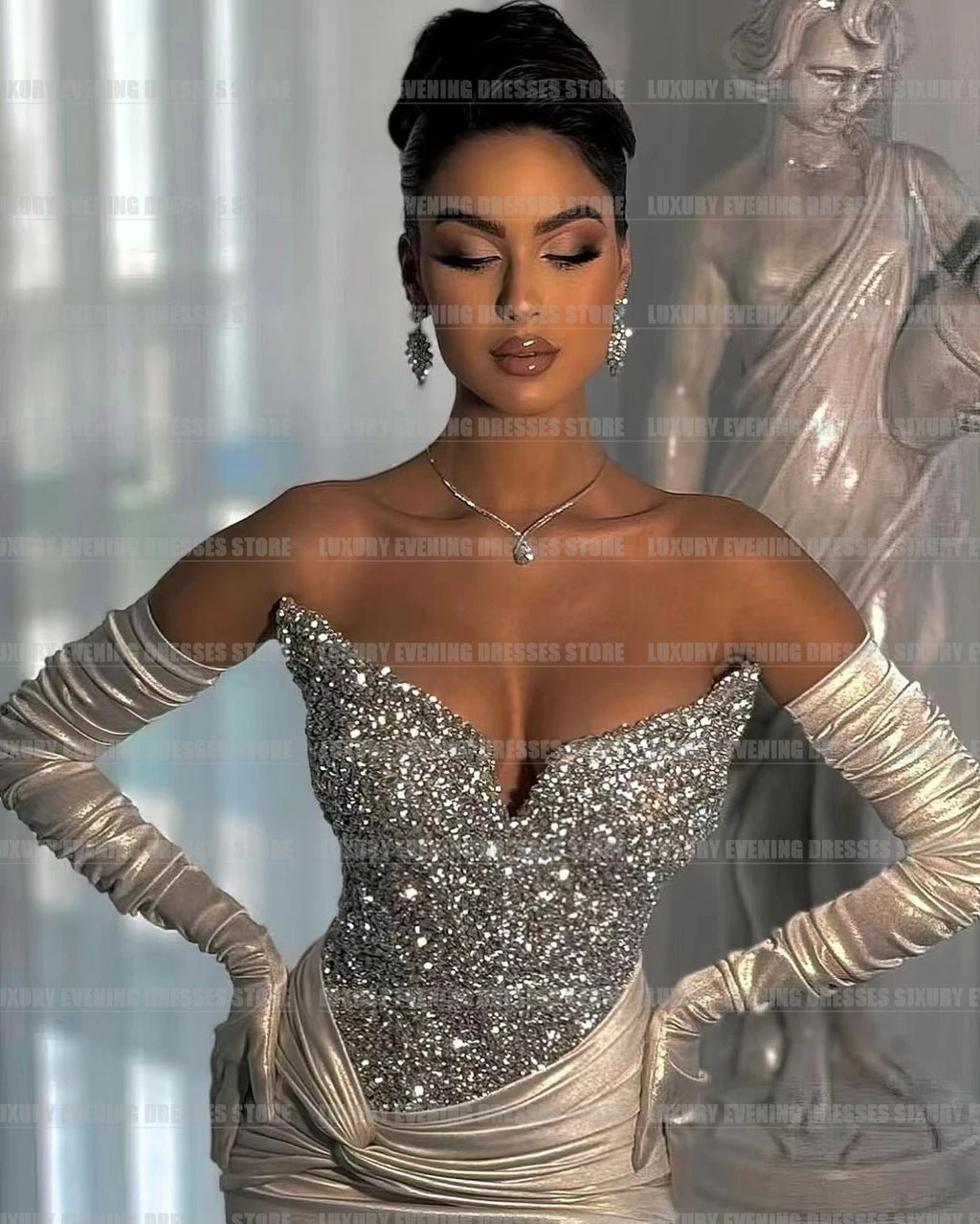 Robe de Gala Argentée avec Paillettes et Manches Longues – Luxe &amp; Élégance