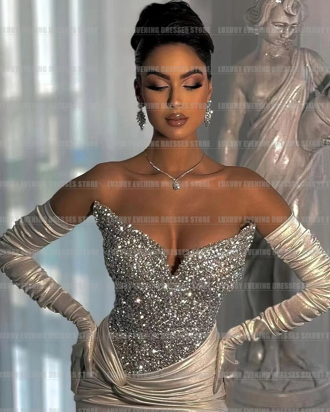 Robe de Gala Argentée avec Paillettes et Manches Longues – Luxe &amp; Élégance