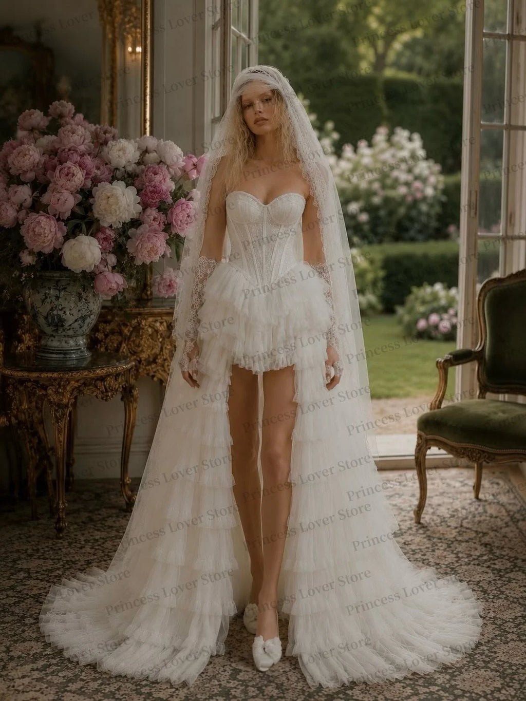 Robe de mariée bustier en dentelle avec volants