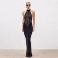 Robe élégante en dentelle sans manches pour femme Robe moulante en dentelle à col montant Robe de soirée sexy en dentelle noire Robe femme chic sans manches en dentelle