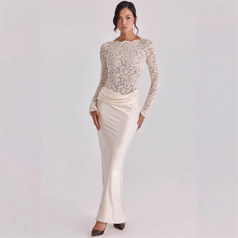 Robe Longue Noire Chic avec Dentelle et Manches Transparentes