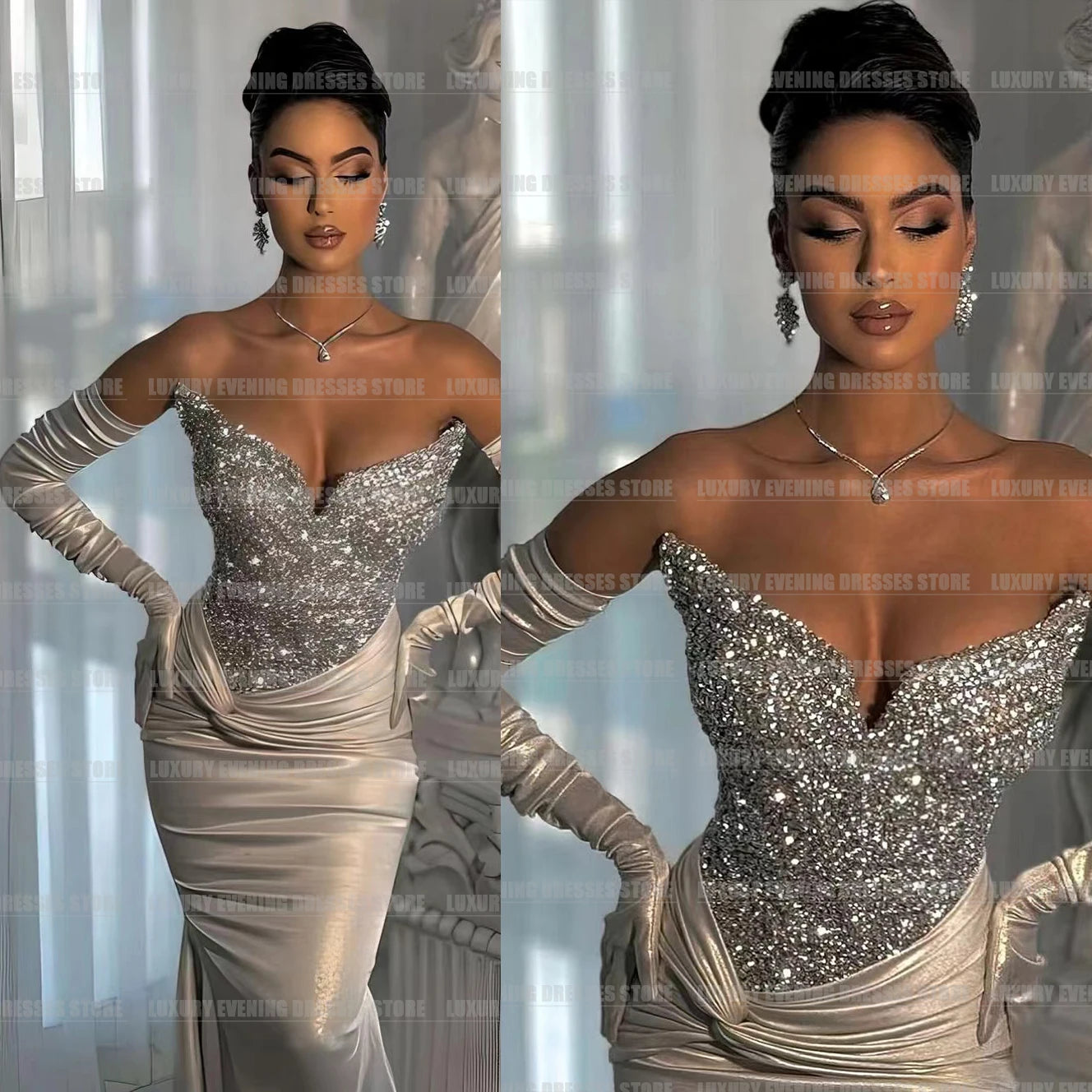 Robe de Gala Argentée avec Paillettes et Manches Longues – Luxe &amp; Élégance
