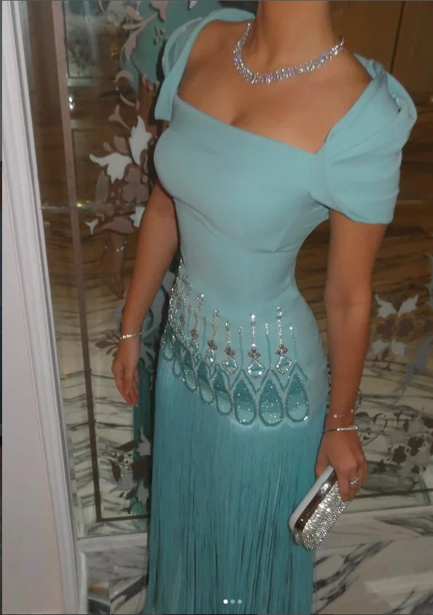 Luxury Prom Dress  Square Neck Short Sleeves Crystal Turquoise Evening Gown Tassel Ankle Length Straight Party Dresses Customize