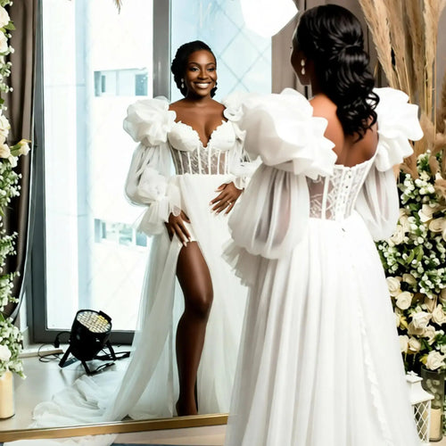 Long Sleeve Bridal Robe Women Bathrobe Lace-up Back Wedding Party Nightgown Africa Bridal Shower Gowns