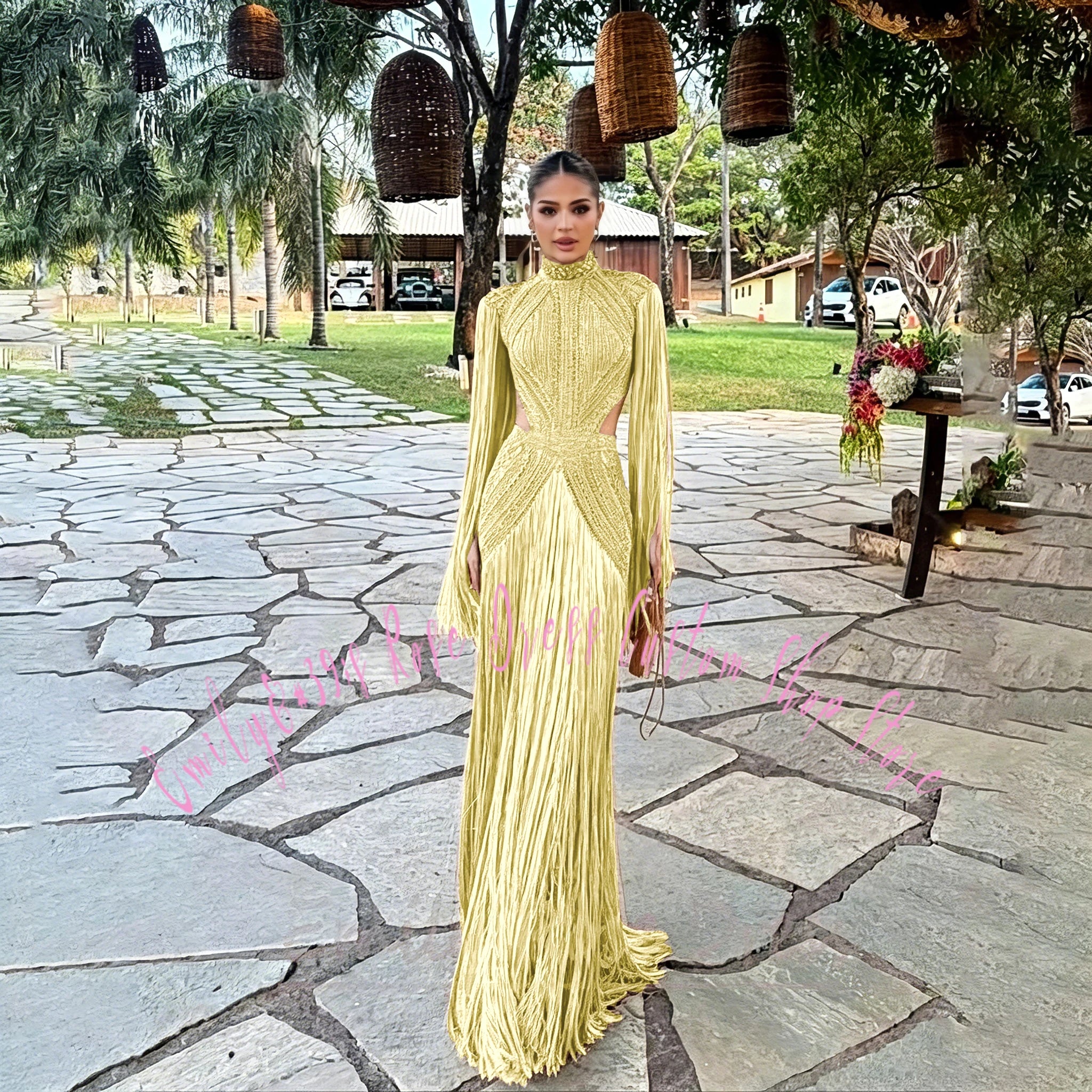 Robe élégante avec perles et manches longues pour cérémonie