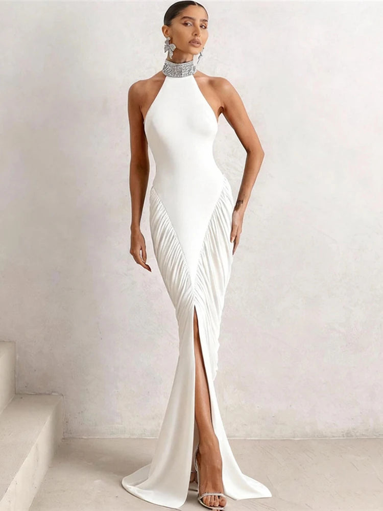 Robe Longue Élégante Froncée – Col Halter