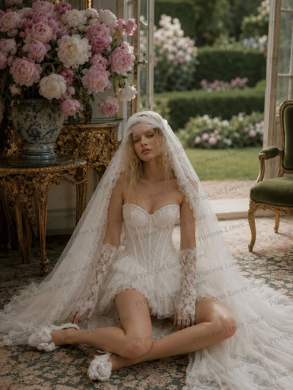 Robe de mariée bustier en dentelle avec volants